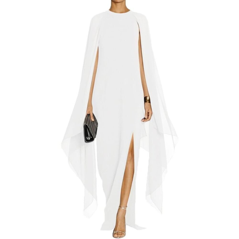 Women's White Elegant High Split Flare Sleeve Formal Evening Gowns Maxi Dress